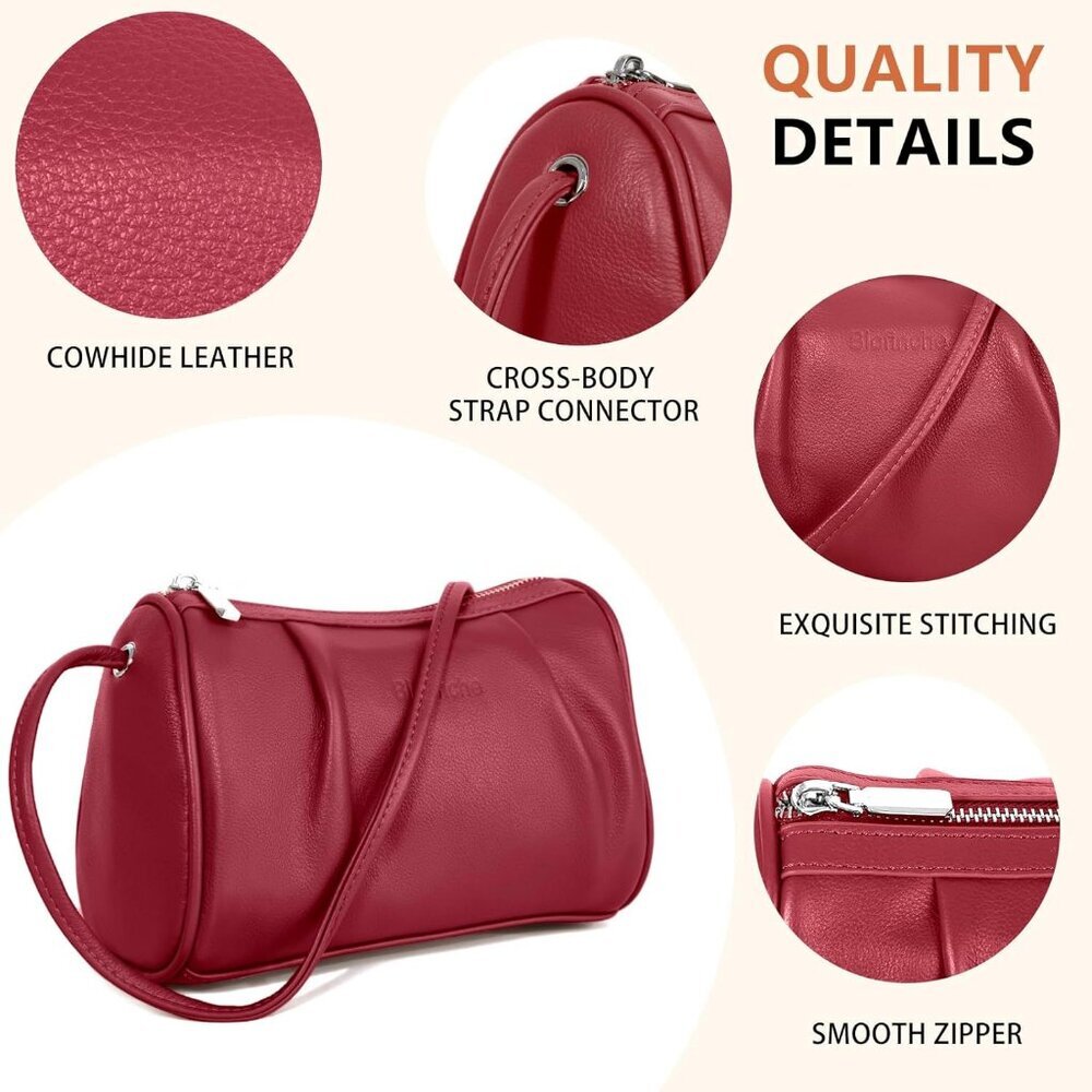 Women Red Leather Crossbody Bag Small Hobo Bag with Wrinkled Texture - Picture 6 of 8